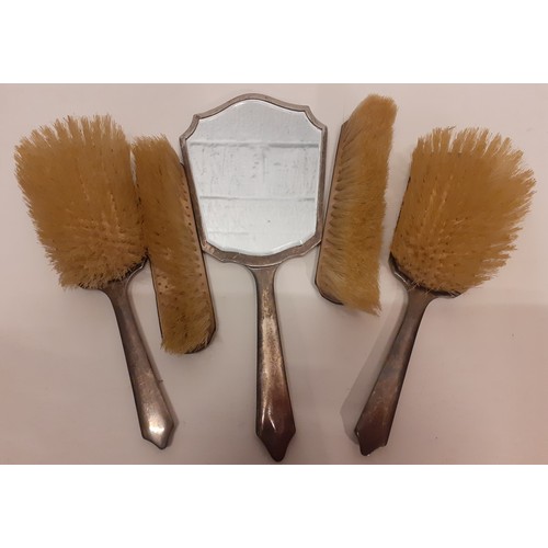 81 - An Art Deco 5 piece silver and green Guilloche enamelled dressing table brush and mirror set A/F, ma... 