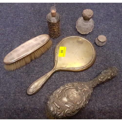 80 - A group of mixed silver, glass and white metal dressing table items A/F to include a silver backed c... 