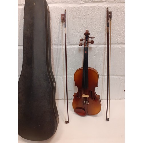 190 - A Stenton Student ¾ violin with 2 bows in fitted case, approx 34cm back length and 56cm total length... 