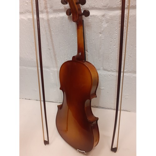 190 - A Stenton Student ¾ violin with 2 bows in fitted case, approx 34cm back length and 56cm total length... 