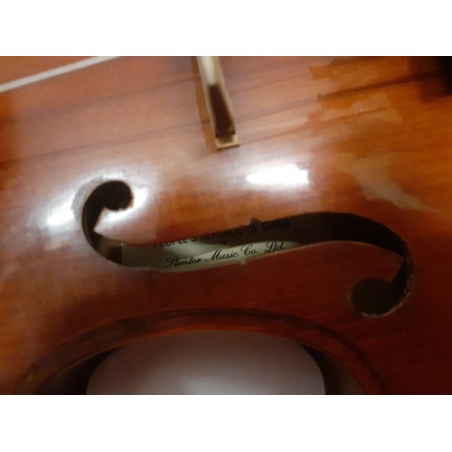 190 - A Stenton Student ¾ violin with 2 bows in fitted case, approx 34cm back length and 56cm total length... 