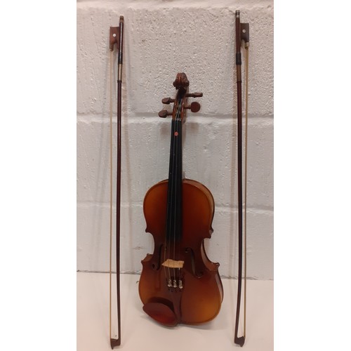 190 - A Stenton Student ¾ violin with 2 bows in fitted case, approx 34cm back length and 56cm total length... 