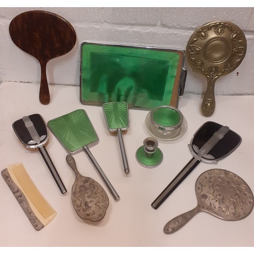 89 - Dressing table items to include an Art Deco chrome and green Guilloche style hand mirror, brush and ... 