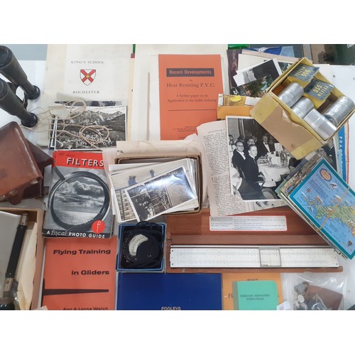 457 - A mixed lot comprising photography accessories and ephemera, vintage postcards and photos, aviation ... 