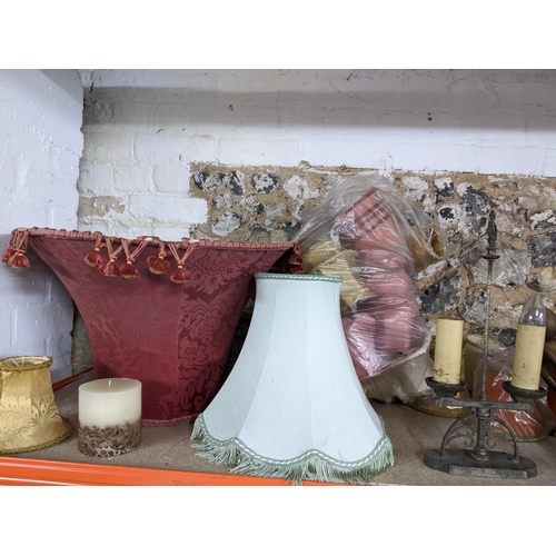 427 - A quantity of various fabric light shades, two pairs of brass wall lights and a lead filled metal tw... 