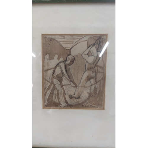 104 - A Michael Manning watercolour and ink painting depicting figure composition, signed to the lower rig... 