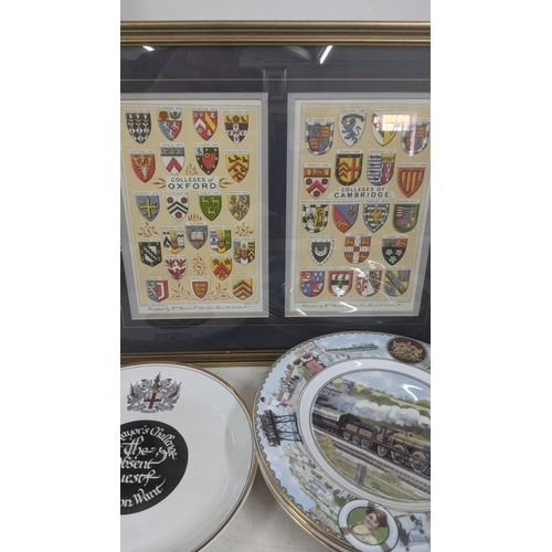 167 - A mixed lot to include a variety of collectors plates, framed and glazed crests of colleges of Oxfor... 