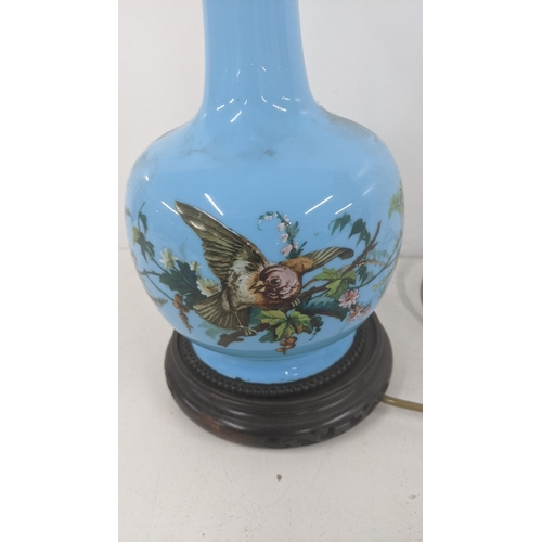 176 - A Victorian opaline lamp decorated with birds and flowers, on a plinth, 52cm h
Location: LAM
If ther... 