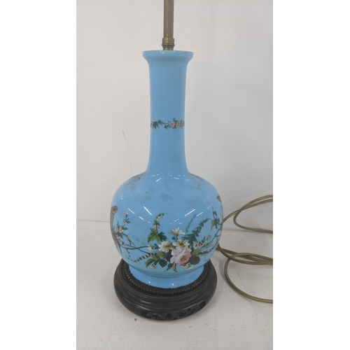 176 - A Victorian opaline lamp decorated with birds and flowers, on a plinth, 52cm h
Location: LAM
If ther... 