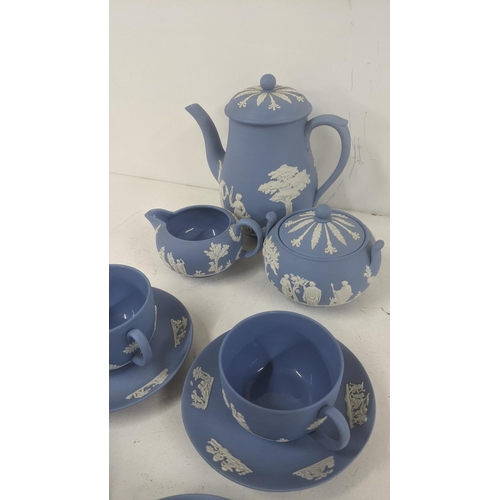 2 - A Wedgwood Jasperware tea service to include a teapot, cream jug, sugar bowl, six tea cups and sauce... 