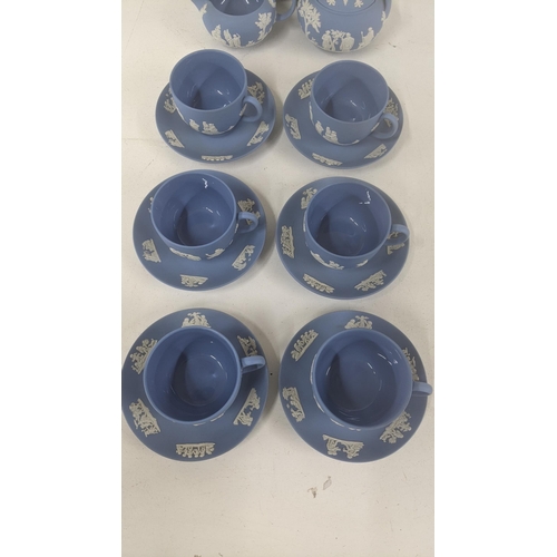 2 - A Wedgwood Jasperware tea service to include a teapot, cream jug, sugar bowl, six tea cups and sauce... 