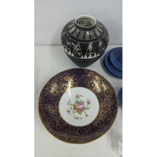 201 - Mixed ceramics to include Minton pedestal bowl, a Royal Doulton figure, a blue pottery tea service a... 