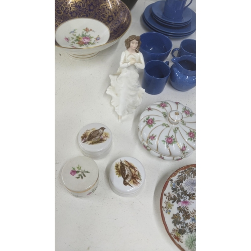 201 - Mixed ceramics to include Minton pedestal bowl, a Royal Doulton figure, a blue pottery tea service a... 