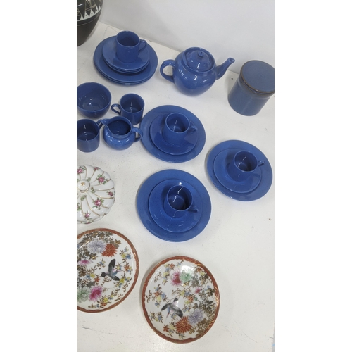 201 - Mixed ceramics to include Minton pedestal bowl, a Royal Doulton figure, a blue pottery tea service a... 