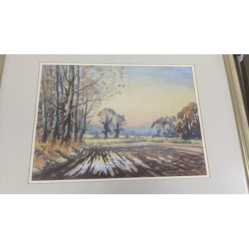 205 - Mixed pictures and paintings to include a pastel depicting a countryside field by E. Charles Simpson... 