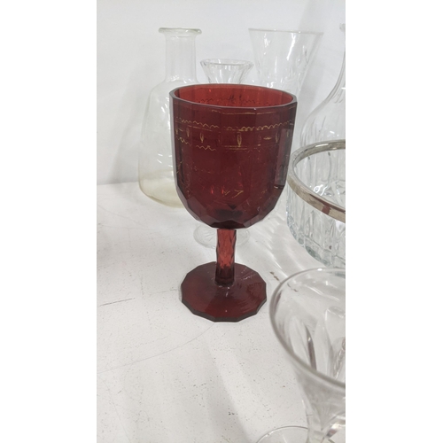 35 - Mixed 19th century and later glassware to include a variety of sherry glasses, a 19th century ruby r... 