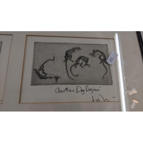 358 - Mixed framed and glazed prints to include 5 monochrome etchings of cats and mice, together with two ... 