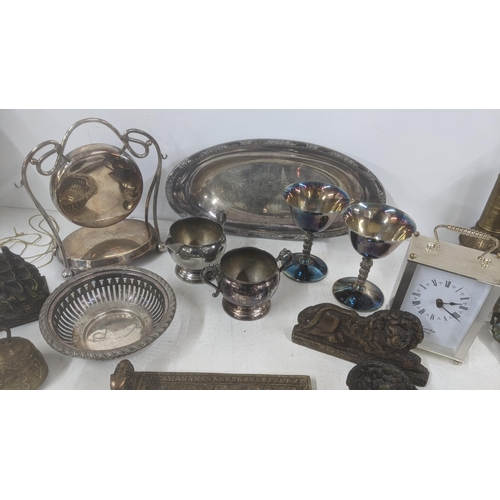 362 - A mixed lot of metal, mostly silver plate, to include an oval shaped dish and others, together with ... 