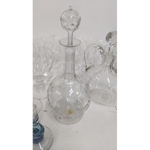 374 - Glassware to include Studio art bowl and vases together with a 19th century etched glass decanter, s... 