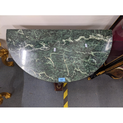 353 - A modern demi-lune mottled green marble topped table on a hardwood base/frame Location: A4M
If there... 