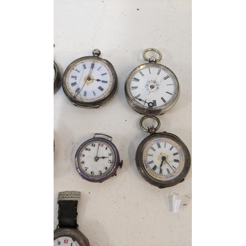 403 - A group of ladies silver pocket watches and fob watches A/F, one with a purple enamelled bezel
Locat... 