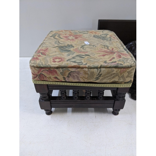 463 - Small furniture to include an Edwardian tray with a shell motif, two stools, a circular occasional t... 