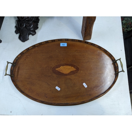 463 - Small furniture to include an Edwardian tray with a shell motif, two stools, a circular occasional t... 