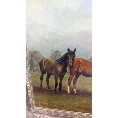 53 - An early 20th century oil on canvas depicting five horse in a field, signed W Cheeman, in a gilt fra... 