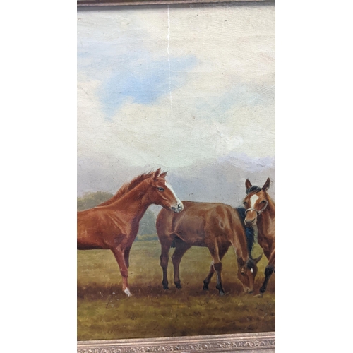 53 - An early 20th century oil on canvas depicting five horse in a field, signed W Cheeman, in a gilt fra... 