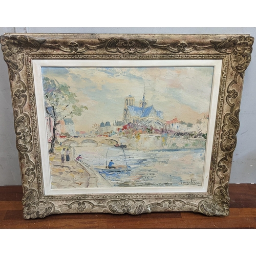 55 - A watercolour on canvas of a Parisian scene depicting Notre Dame Cathedral on the Banks of the Seine... 