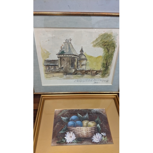 56 - Mixed framed pictures to include an oil on canvas signed T M Hughes, a print depicting fruit in a bo... 