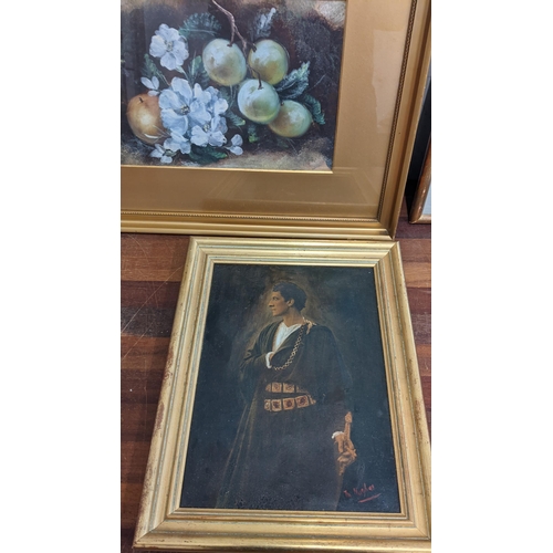 56 - Mixed framed pictures to include an oil on canvas signed T M Hughes, a print depicting fruit in a bo... 