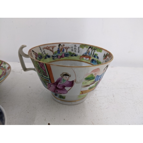 137 - A group of 19th century Chinese ceramics to include Canton famille rose breakfast and teacups, a sau... 