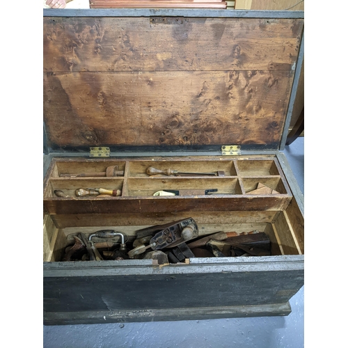 153 - An early 20th century tool chest containing various wooden woodworking tools, planes etc Location: G... 