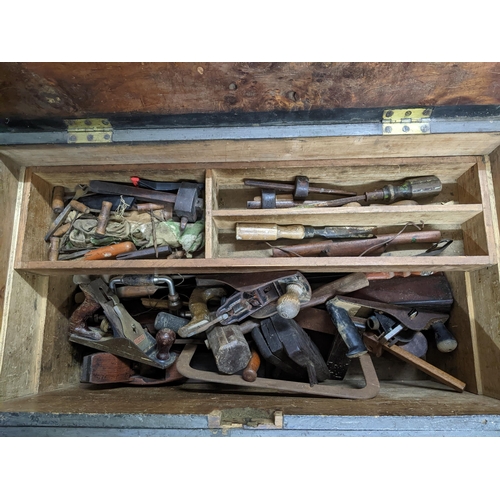 153 - An early 20th century tool chest containing various wooden woodworking tools, planes etc Location: G... 