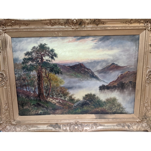 393 - J Allen - a pair of lake scenes, each with sheep and trees, oil on canvas, 50cm x 76cm, in gilt fram... 