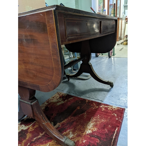 430 - Late Victorian/Edwardian inlaid mahogany two drawer sofa table, rosewood crossbanding to top, inlaid... 