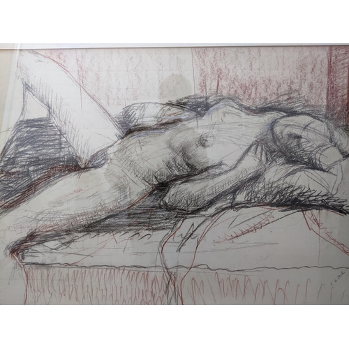 73 - E H Cave - reclining nude, crayon and charcoal drawing, signed lower right corner 52.5 x 74cm, mount... 