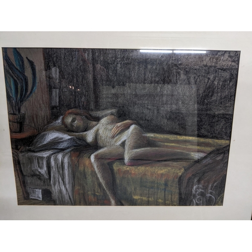 73 - E H Cave - reclining nude, crayon and charcoal drawing, signed lower right corner 52.5 x 74cm, mount... 