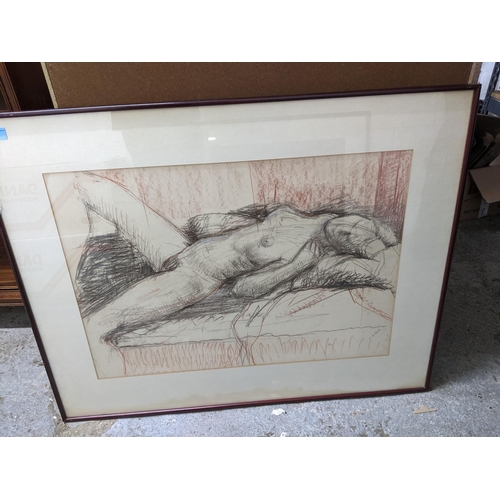 73 - E H Cave - reclining nude, crayon and charcoal drawing, signed lower right corner 52.5 x 74cm, mount... 