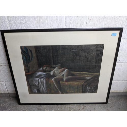 73 - E H Cave - reclining nude, crayon and charcoal drawing, signed lower right corner 52.5 x 74cm, mount... 