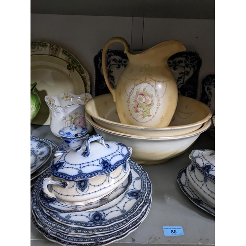 80 - A quantity of Victorian ceramic table ware and wash bowls to include Ford & Sons blue and white Dudl... 