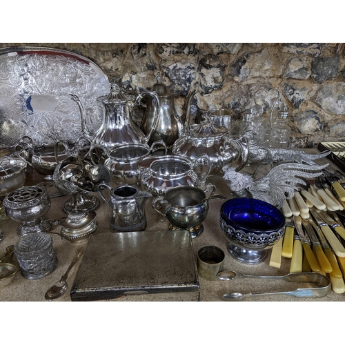 81 - A quantity of silver plated items to include a four pieces teaset, twin handled oval gallery tray, v... 