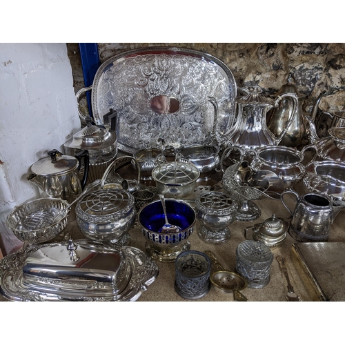 81 - A quantity of silver plated items to include a four pieces teaset, twin handled oval gallery tray, v... 