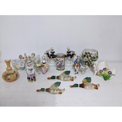 82 - A group of Victorian and later ceramic ornaments to include a Chinese Canton famille rose brush pot ... 