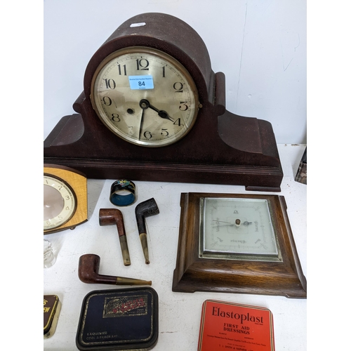 84 - A miscellaneous lot to include a Victorian black slate and marble mantle clock, mahogany cased Napol... 