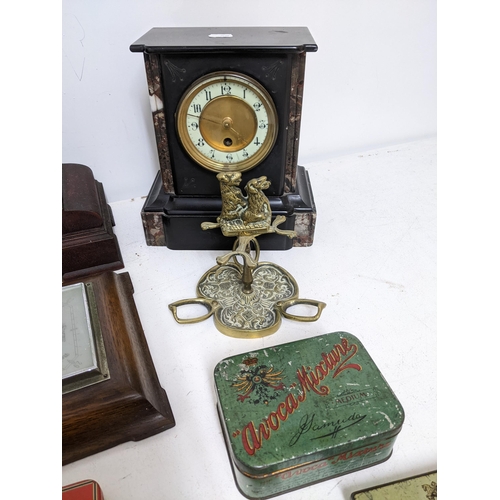 84 - A miscellaneous lot to include a Victorian black slate and marble mantle clock, mahogany cased Napol... 