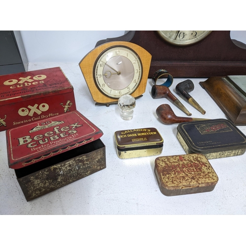 84 - A miscellaneous lot to include a Victorian black slate and marble mantle clock, mahogany cased Napol... 