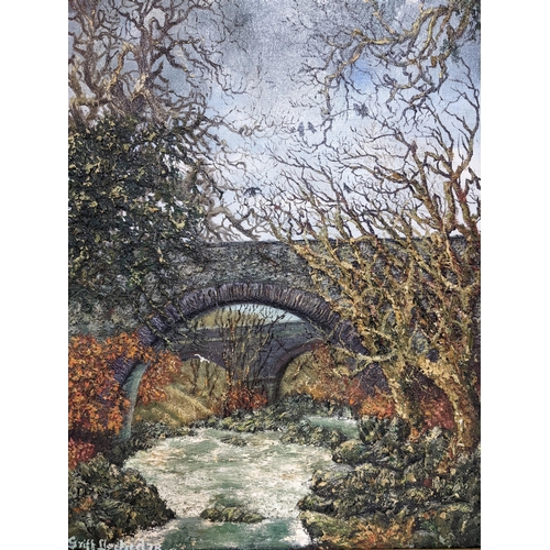 88 - Griff Jones of Llanllechid - The Two Bridges, Coetmor - oil on canvas, river landscape with trees an... 