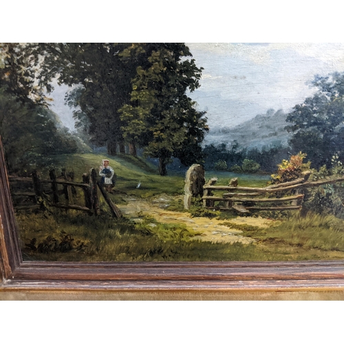 419 - 19th century Continental School - rural scene with a woman on a path on board, 24cm x 32cm framed Lo... 